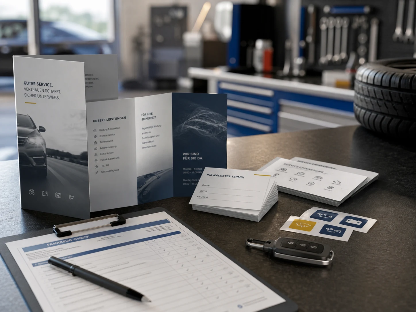 Gedruckte Werkstattmaterialien, Servicekarten und Fahrzeugcheck am Service-Tresen